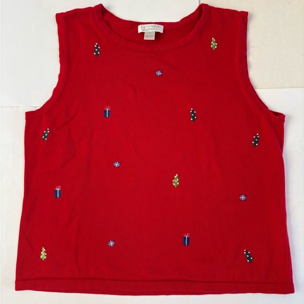 Vintage Ladies Christopher & Banks Red Embroidered Christmas Shell/Vest Size L